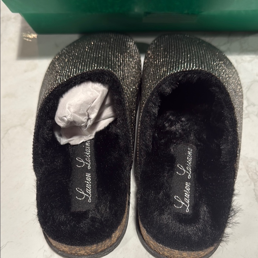 Lauren Lorraine Sparkle Black Faux-Fur Slip-On Slippers